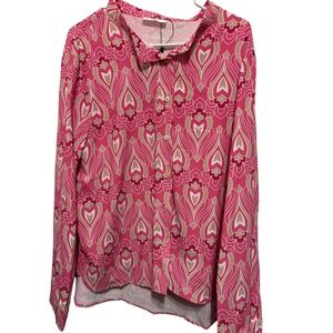 GALIA Pink Beige Geometric Print Button Up Shirt Blouse Top Women L